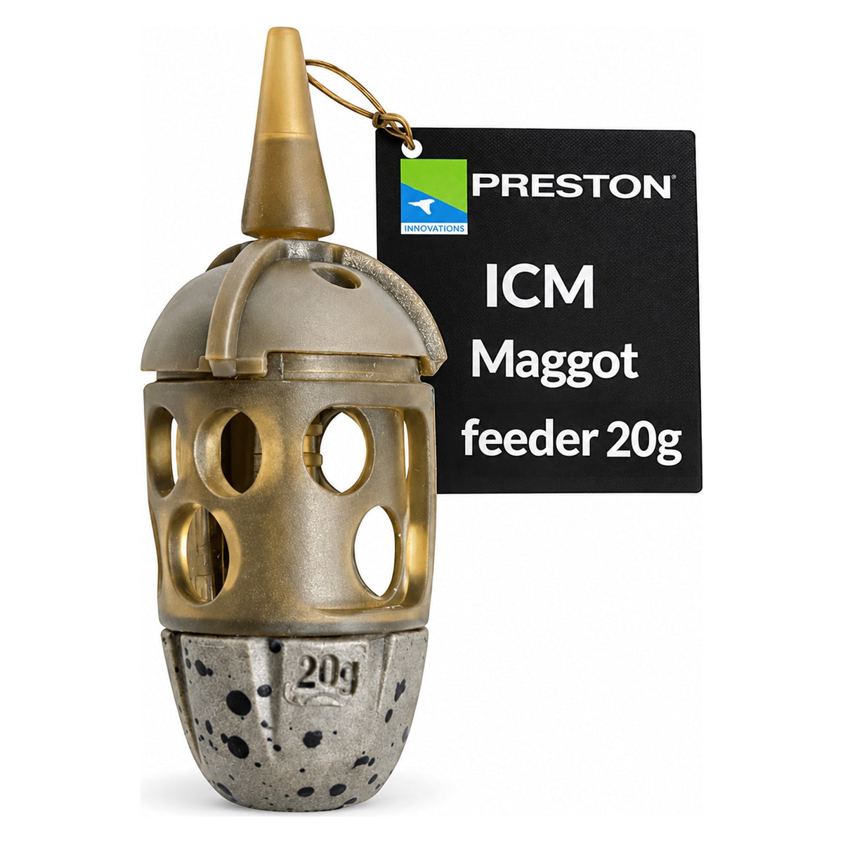 Preston ICM Maggot Feeder 20 g madenkorf met hanglabel en zichtbare gewichtsaanduiding