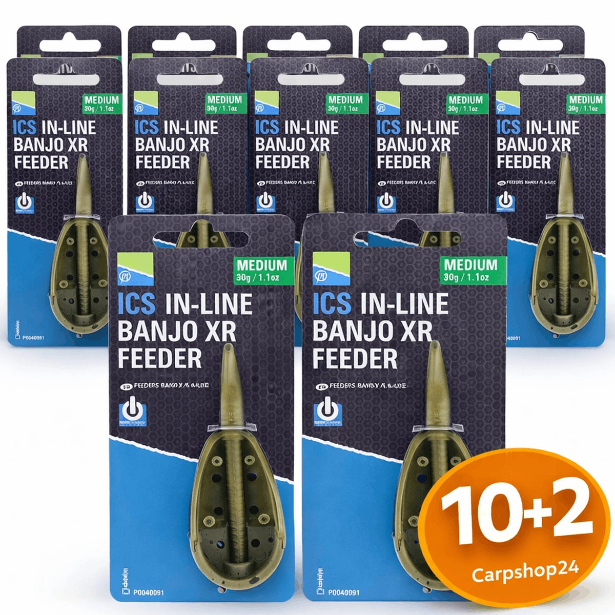 Twaalf verpakkingen Preston ICS In-Line Banjo XR Medium 30 g bij de 10+2-pakketdeal