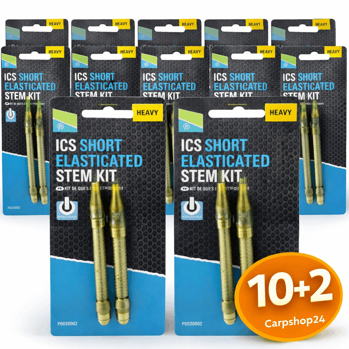 Twaalf verpakkingen Preston ICS Short Elasticated Stem Kit Heavy bij de 10+2-pakketdeal