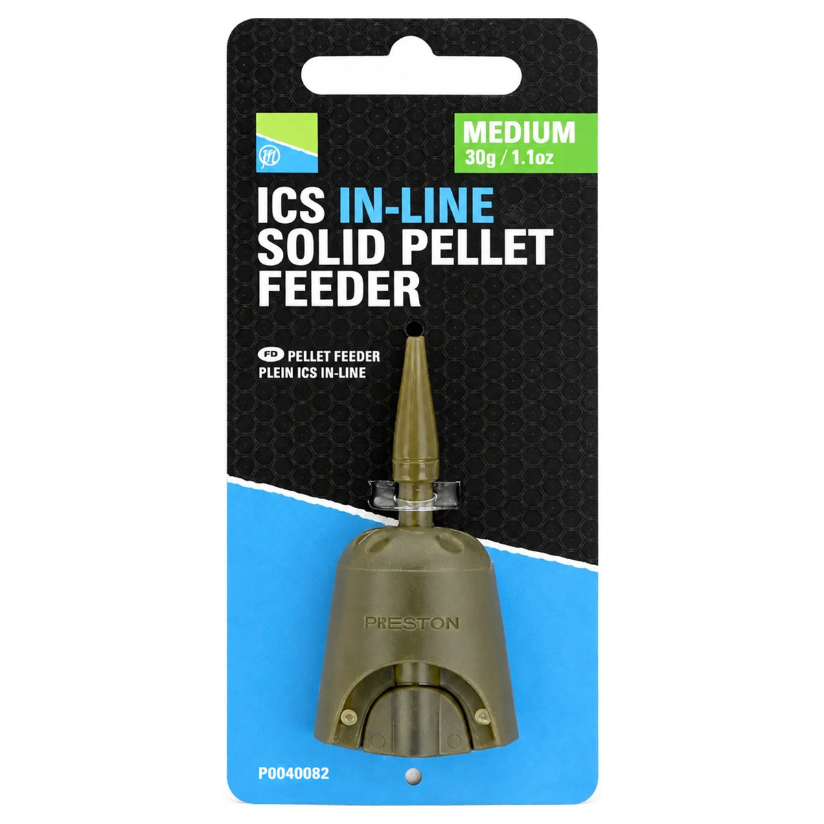 Preston ICS In-Line Solid Pellet Feeder Medium 30 g op zwartblauwe verpakking