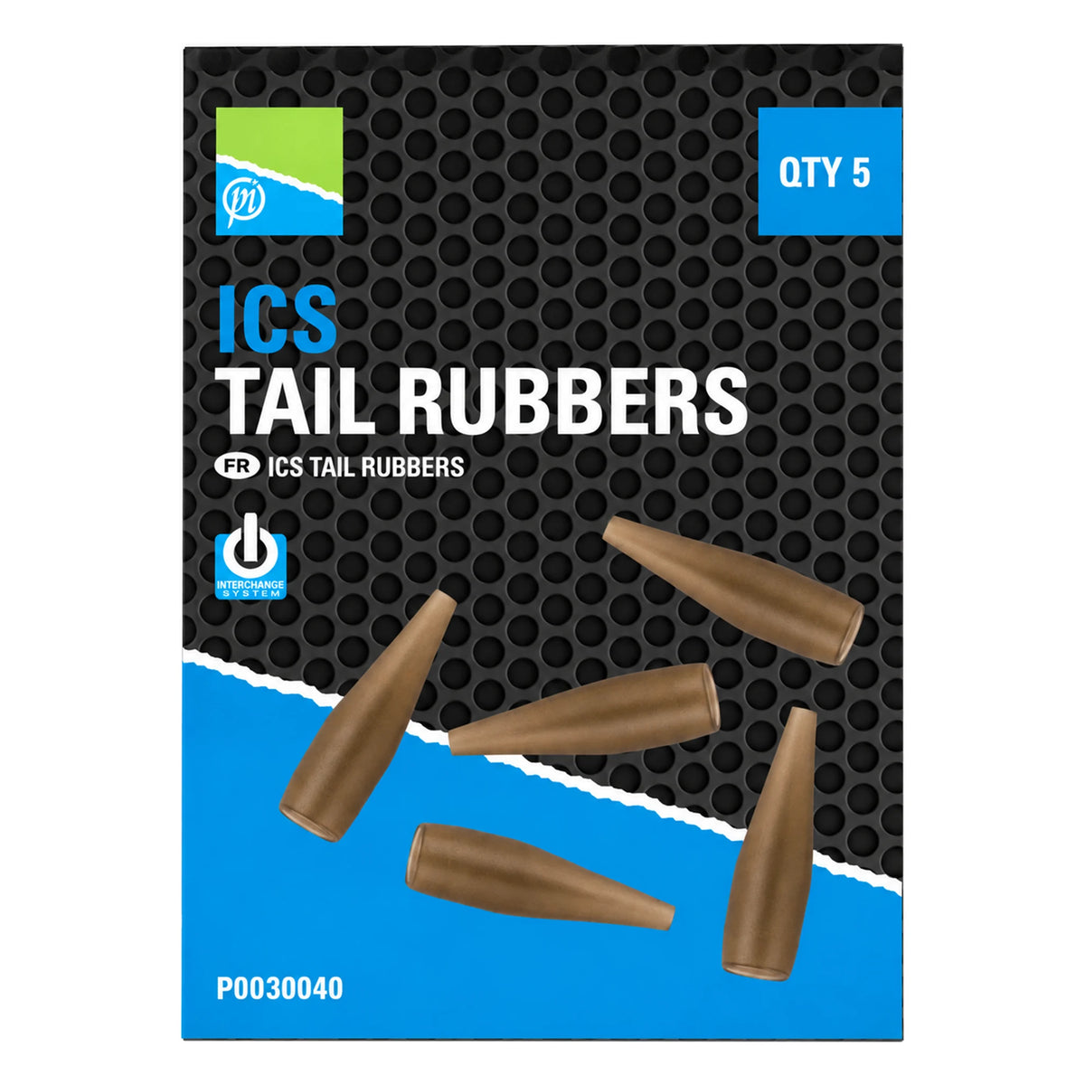 Preston ICS Tail Rubbers in verpakking met vijf bruine reserve-eindrubbers