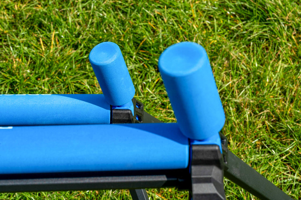 Preston Ignition Pole Rollers – detail van de blauwe horizontale schuimrollen en verticale eindrollen