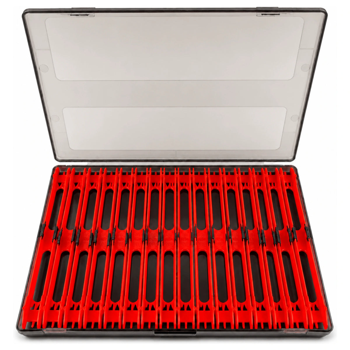 Preston InBox Double Winder Box geopend met tuigenplankjes