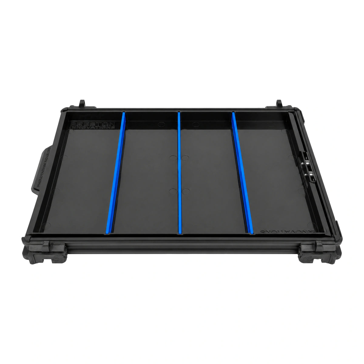 Preston Inception Mag Lok Shallow Side Drawer Unit with Dividers, met drie blauwe verdelers, vier vakken en zwarte sluitclips