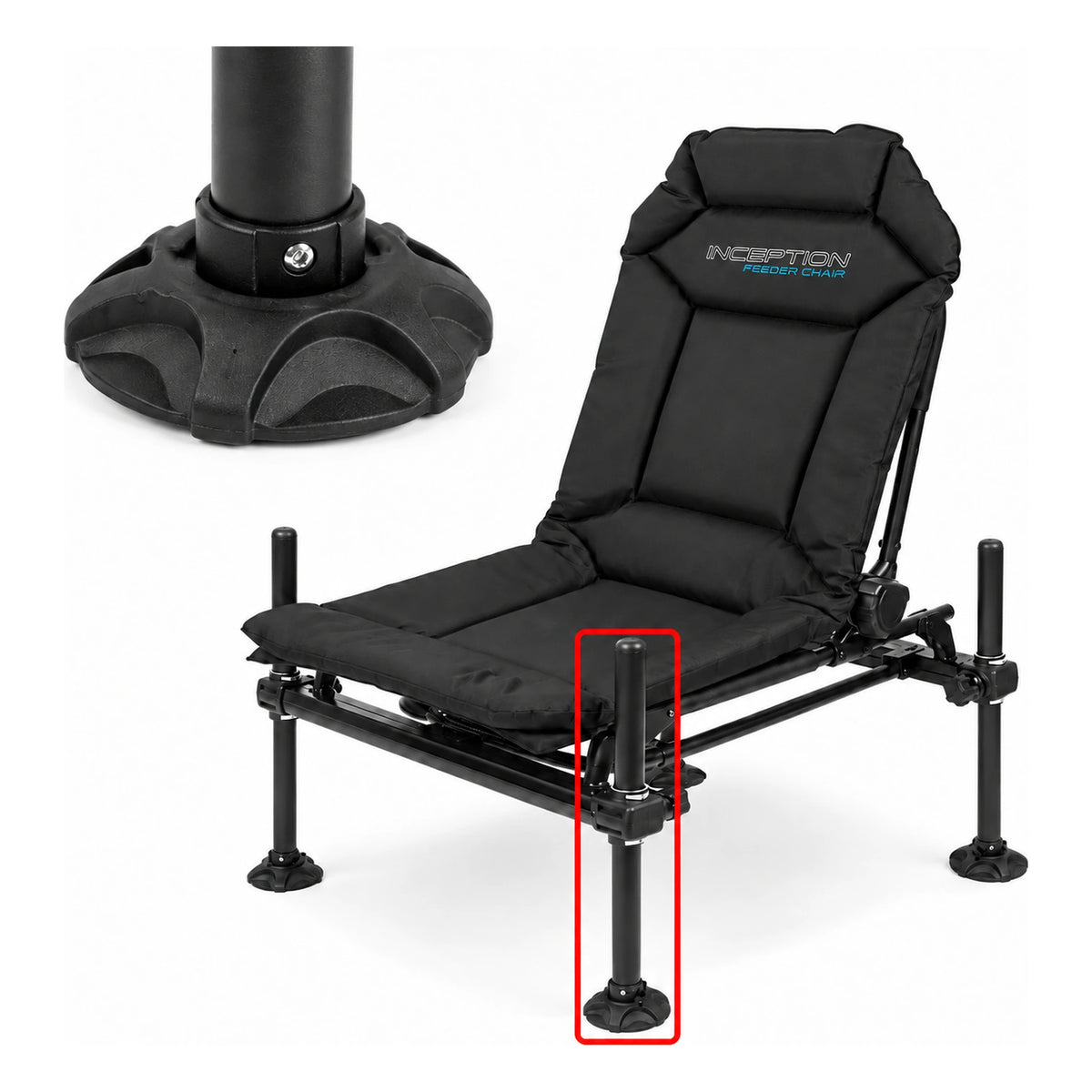 Preston Inception SL30 Standard Seatbox Leg: standaardpoot gemarkeerd op de feederstoel, met detail van de moddervoet