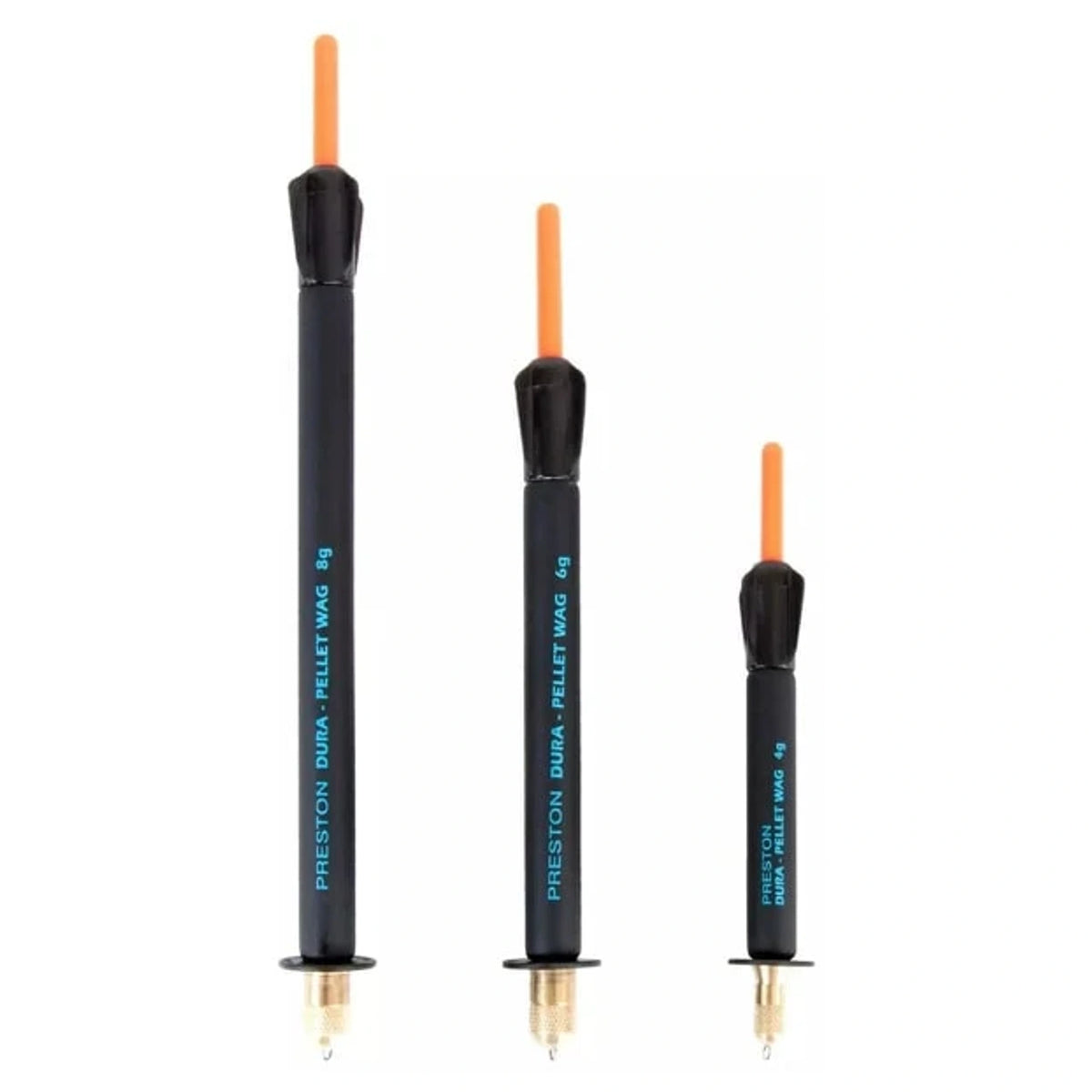 Preston Insert Dura Pellet Waggler, drie zwarte dobbers met oranje antennes en opdruk 8 g, 6 g en 4 g
