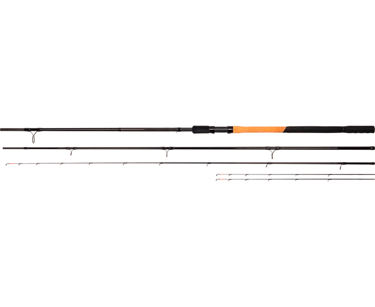 Preston Inspire Feeder – overzicht van hengeldelen, kurken handgreep en drie feedertoppen