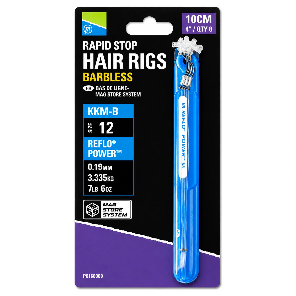 Preston KKM-B Rapid Stop Hair Rigs 10 cm maat 12, zwartpaarse verpakking met blauwe houder en transparante stops