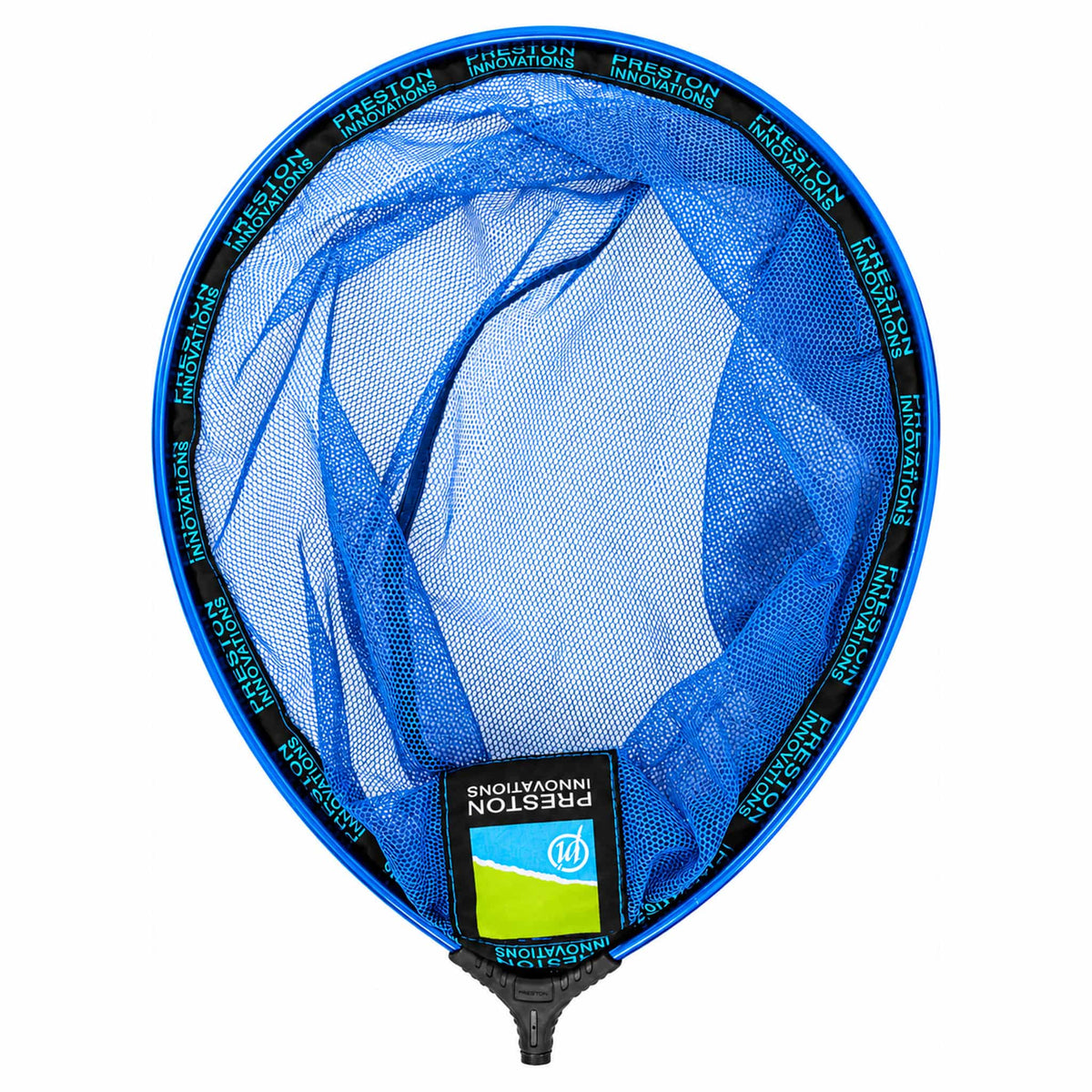 Preston schepnet met blauwe mazen, blauw frame en zwarte steelbevestiging