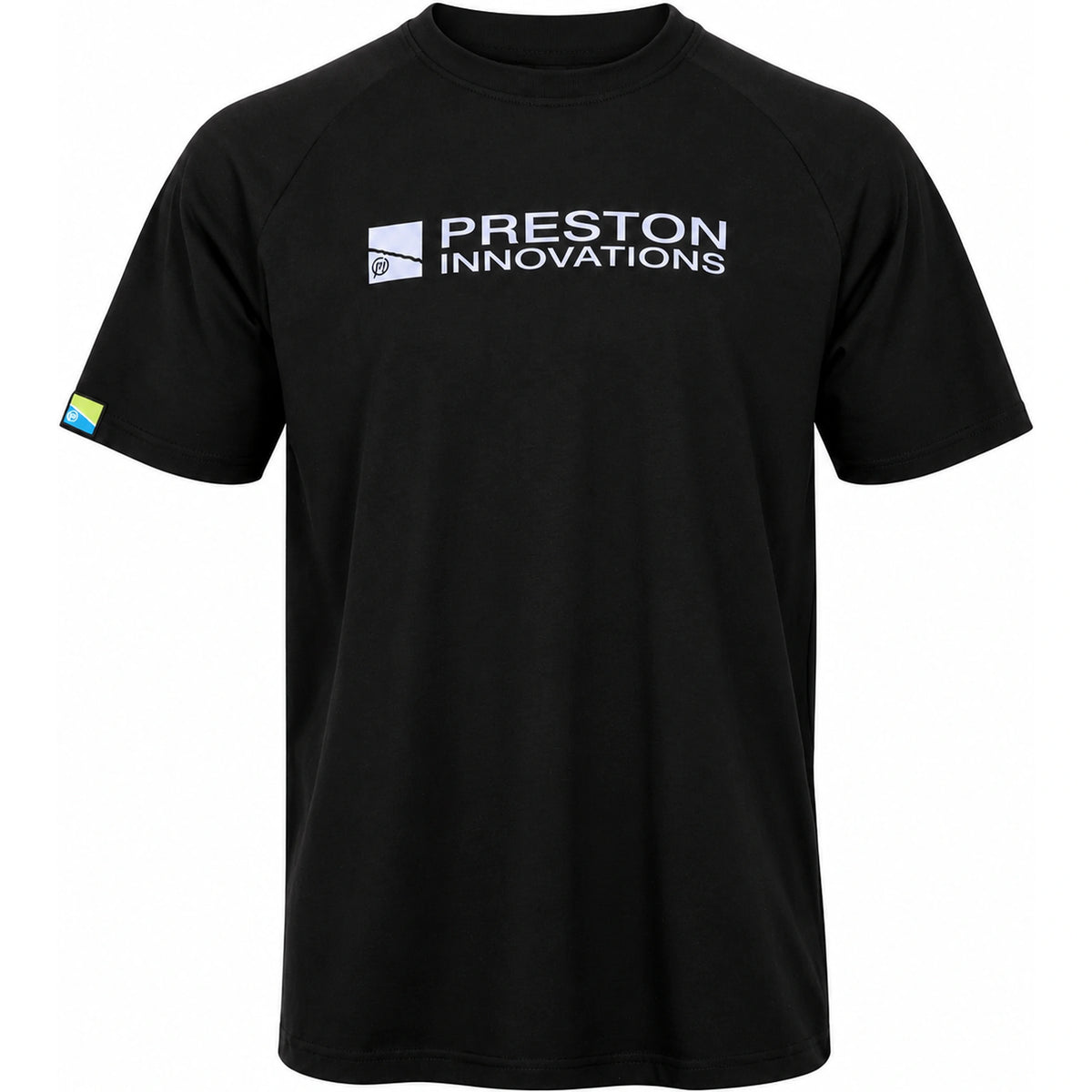 Preston Lightweight Black Raglan T-shirt – zwart shirt van voren met lichte borstlogo-opdruk en groen-blauwe mouwpatch.