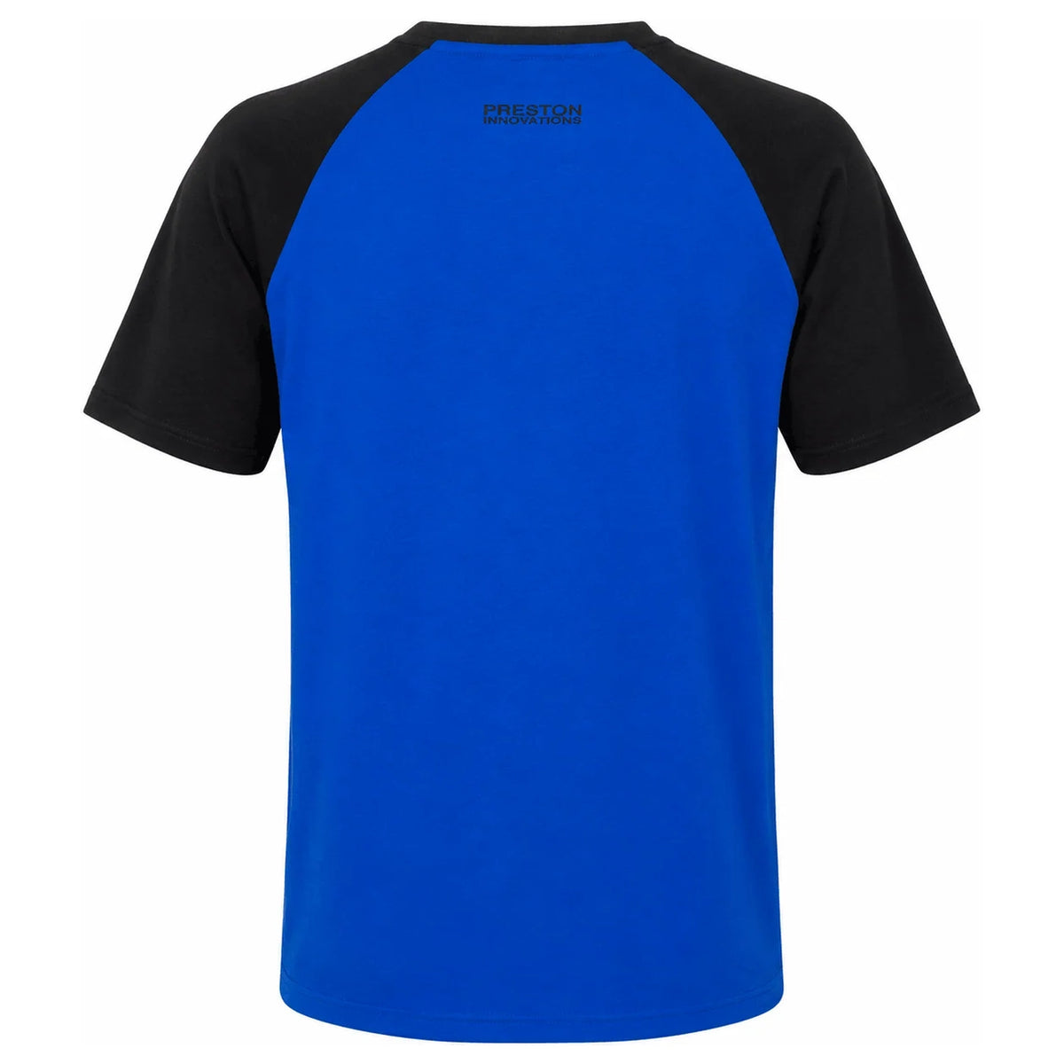 Preston Lightweight Blue Raglan T-shirt – achteraanzicht van blauw T-shirt met zwarte raglanmouwen en klein Preston-logo in de nek
