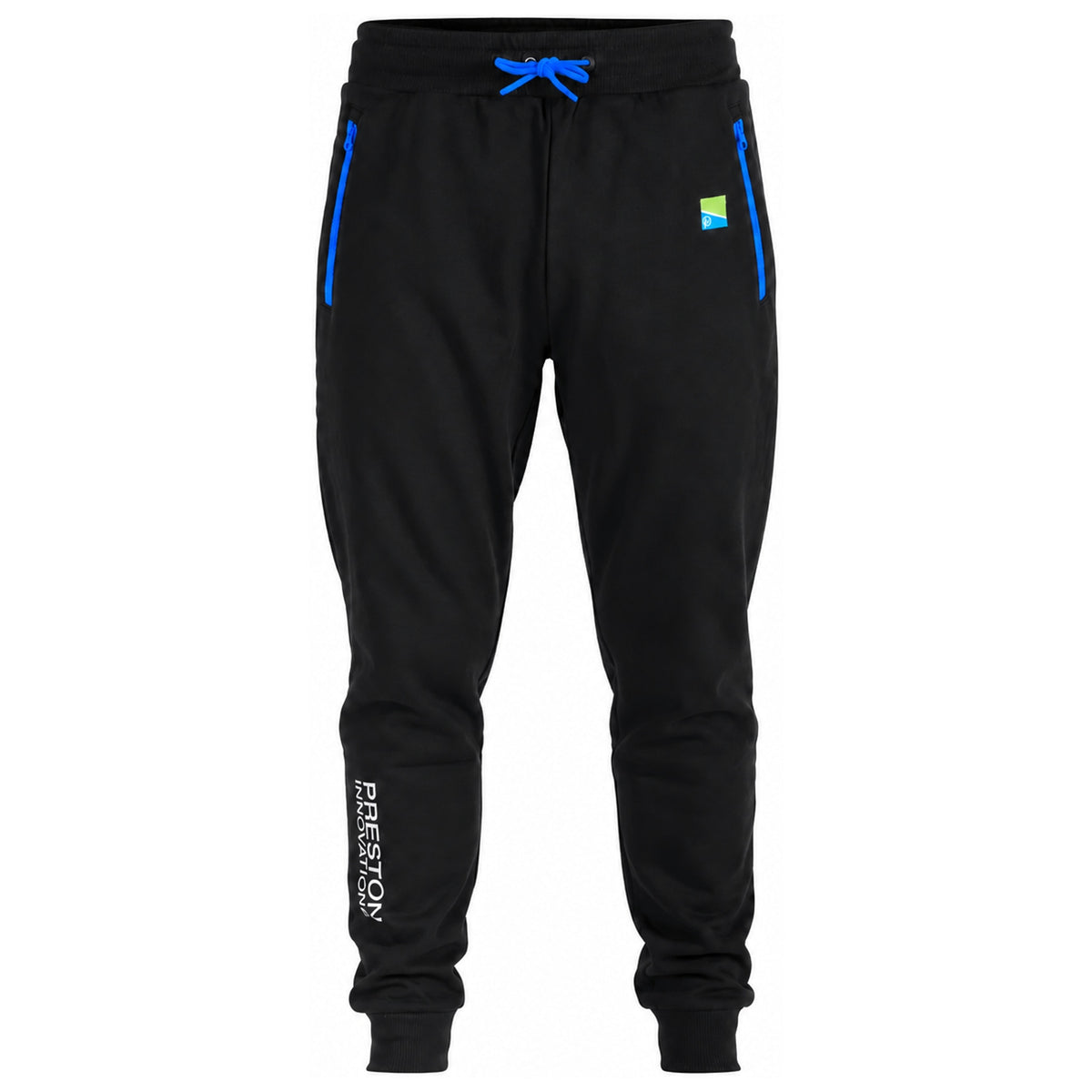 Preston Lightweight Joggers – zwarte lichte joggingbroek met blauwe trekkoorden en Preston-logo op het onderbeen