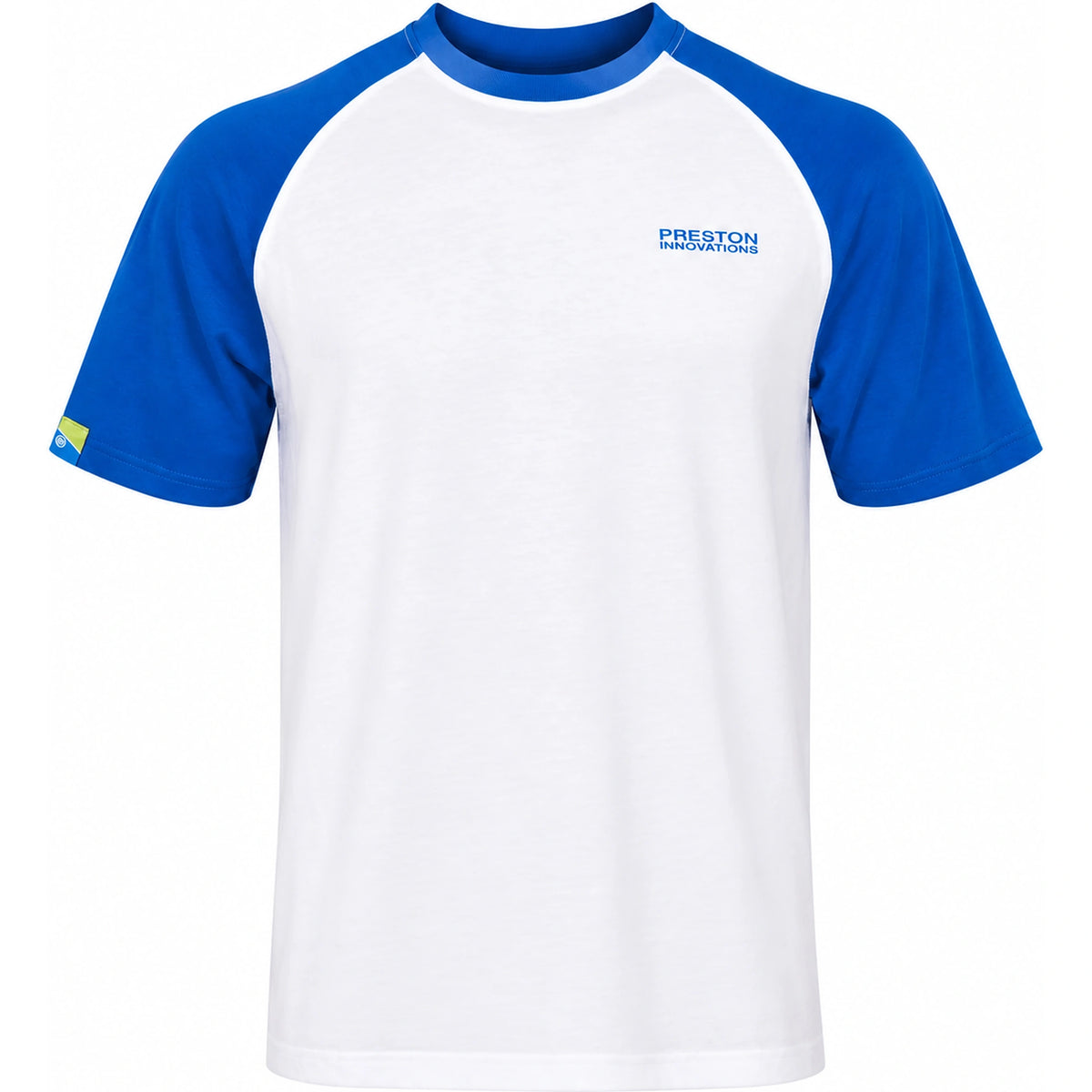 Preston Lightweight White Raglan T-shirt – wit shirt van voren met blauwe mouwen en kraag, borstlogo en mouwpatch.