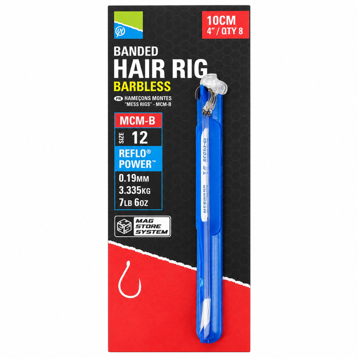 Preston MCM-B Banded Hair Rig Barbless 10 cm, haakmaat 12, 0,19 mm – acht weerhaakloze onderlijnen met bait band