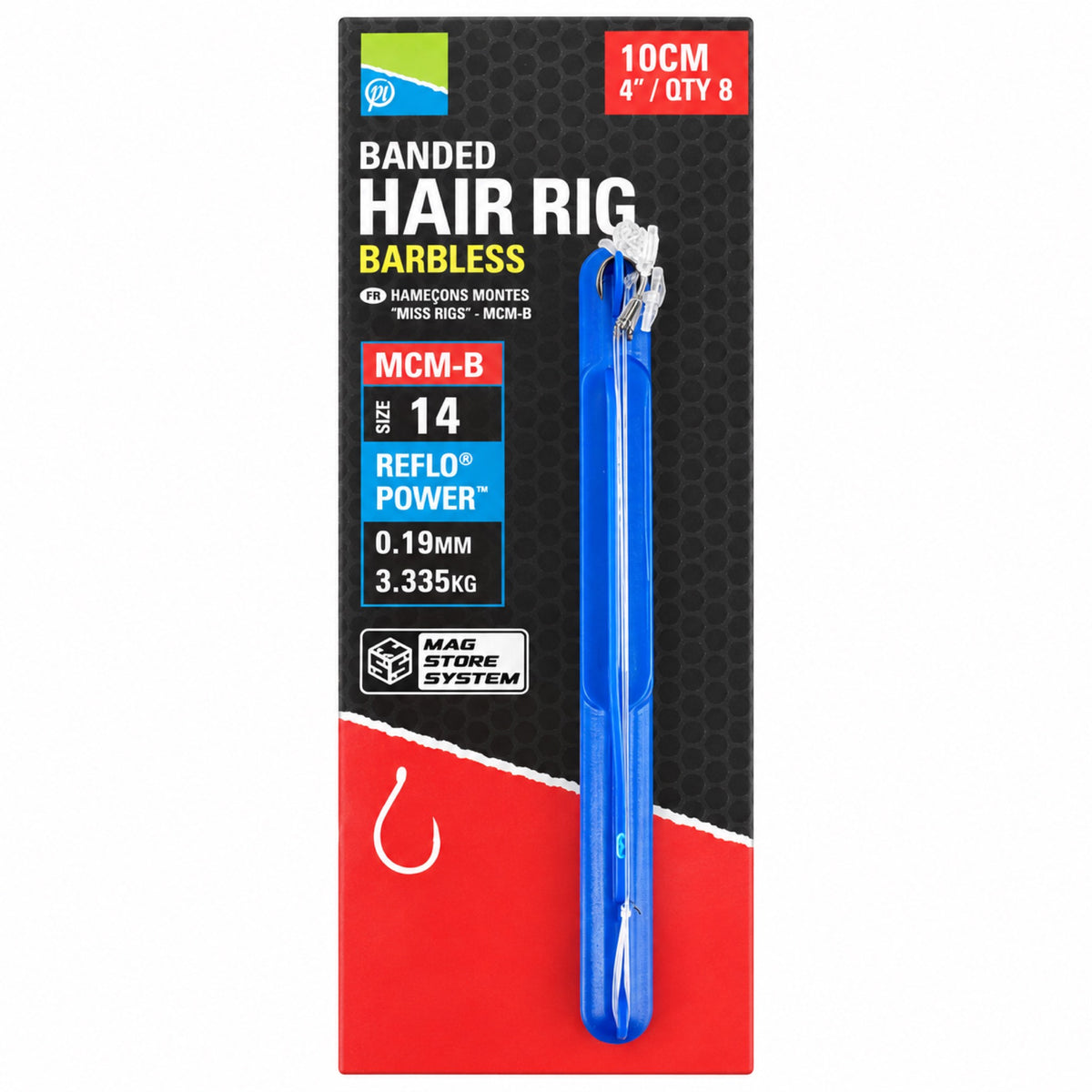 Preston MCM-B Banded Hair Rig Barbless 10 cm, haakmaat 14, 0,19 mm – acht weerhaakloze onderlijnen met bait band