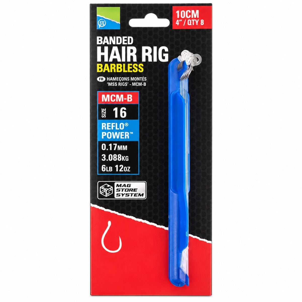 Preston MCM-B Banded Hair Rig Barbless 10 cm, haakmaat 16, 0,17 mm – acht weerhaakloze onderlijnen met bait band