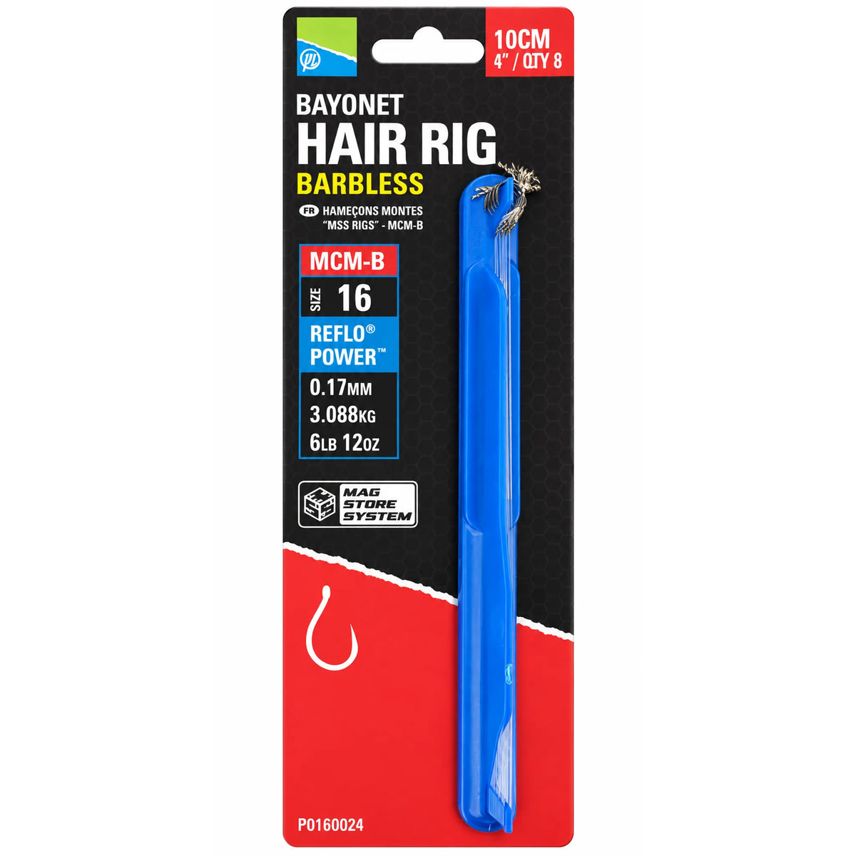 Preston MCM-B Bayonet Hair Rig Barbless 10 cm, haakmaat 16, 0,17 mm – acht weerhaakloze onderlijnen met aasbayonet