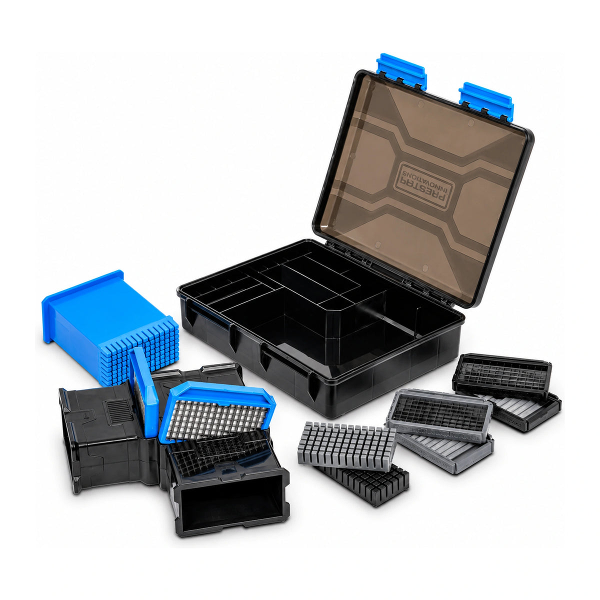 Preston Meat Cutter Set P0220198 met open opbergdoos, vleessnijder en blauwe, grijze en zwarte snijonderdelen