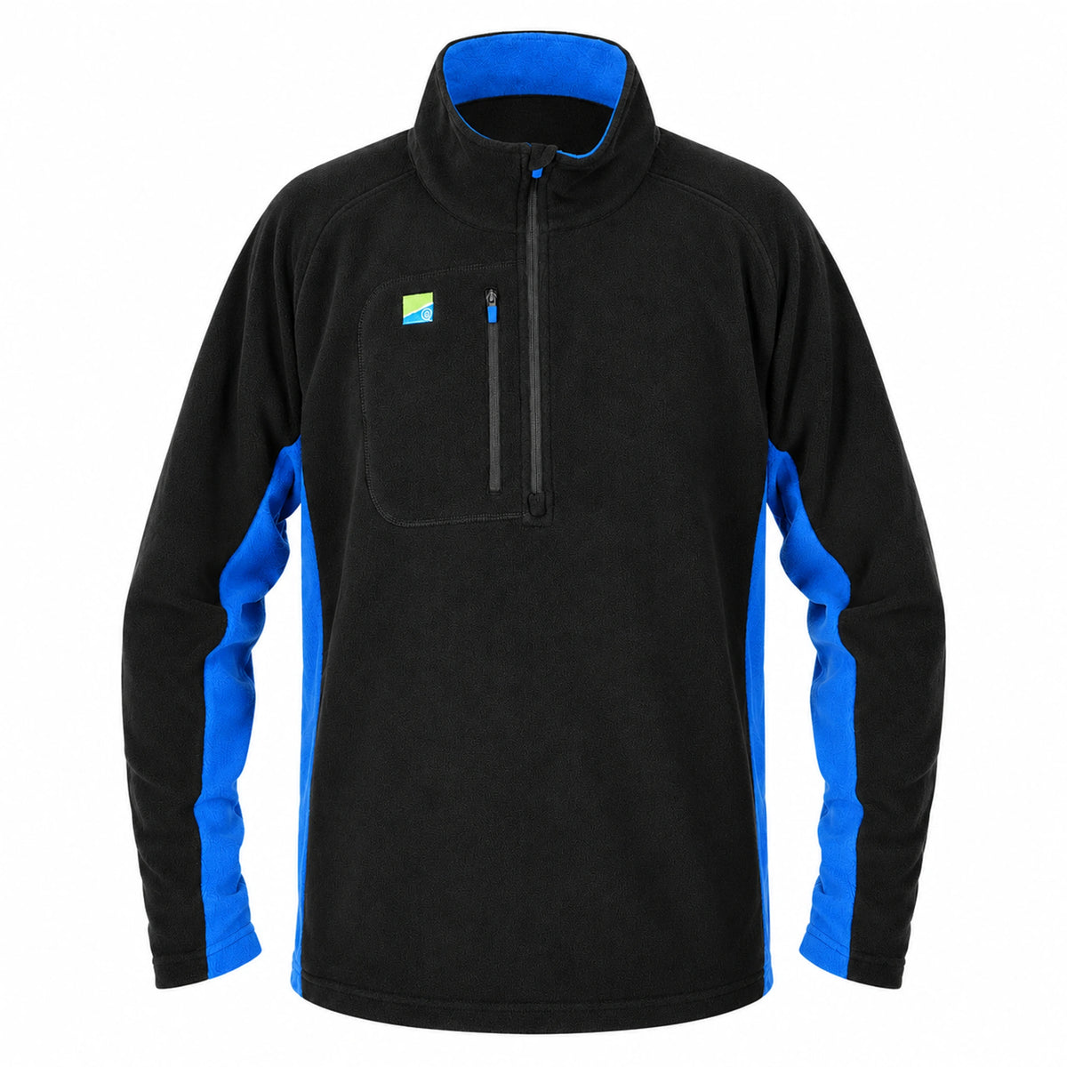 Preston Micro Fleece, vooraanzicht van de zwarte fleecetrui met blauwe zijpanelen en kraagvoering