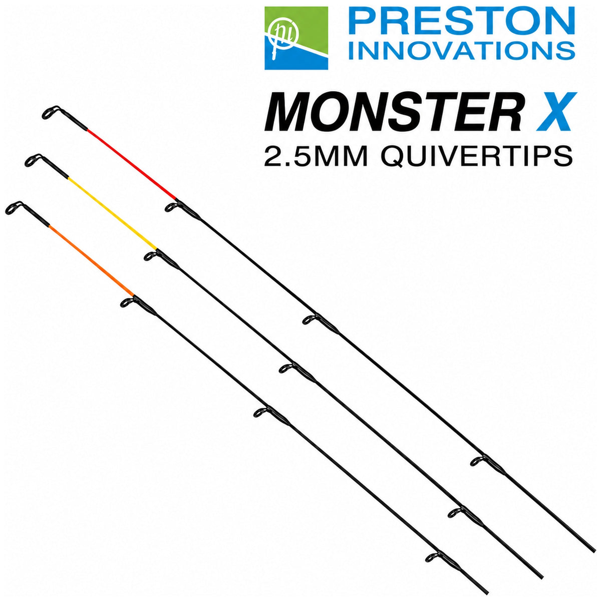 Drie diagonale zwarte feedertoppen met rode, gele en oranje secties, naast Preston Innovations, Monster X en 2.5mm Quivertips-opdruk.