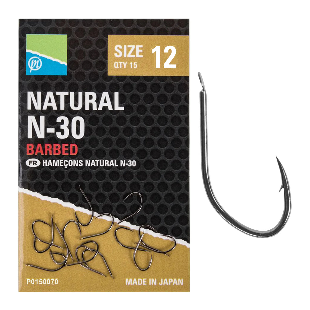 Preston Natural N-30 Barbed haak maat 12 – verpakking en losse haak