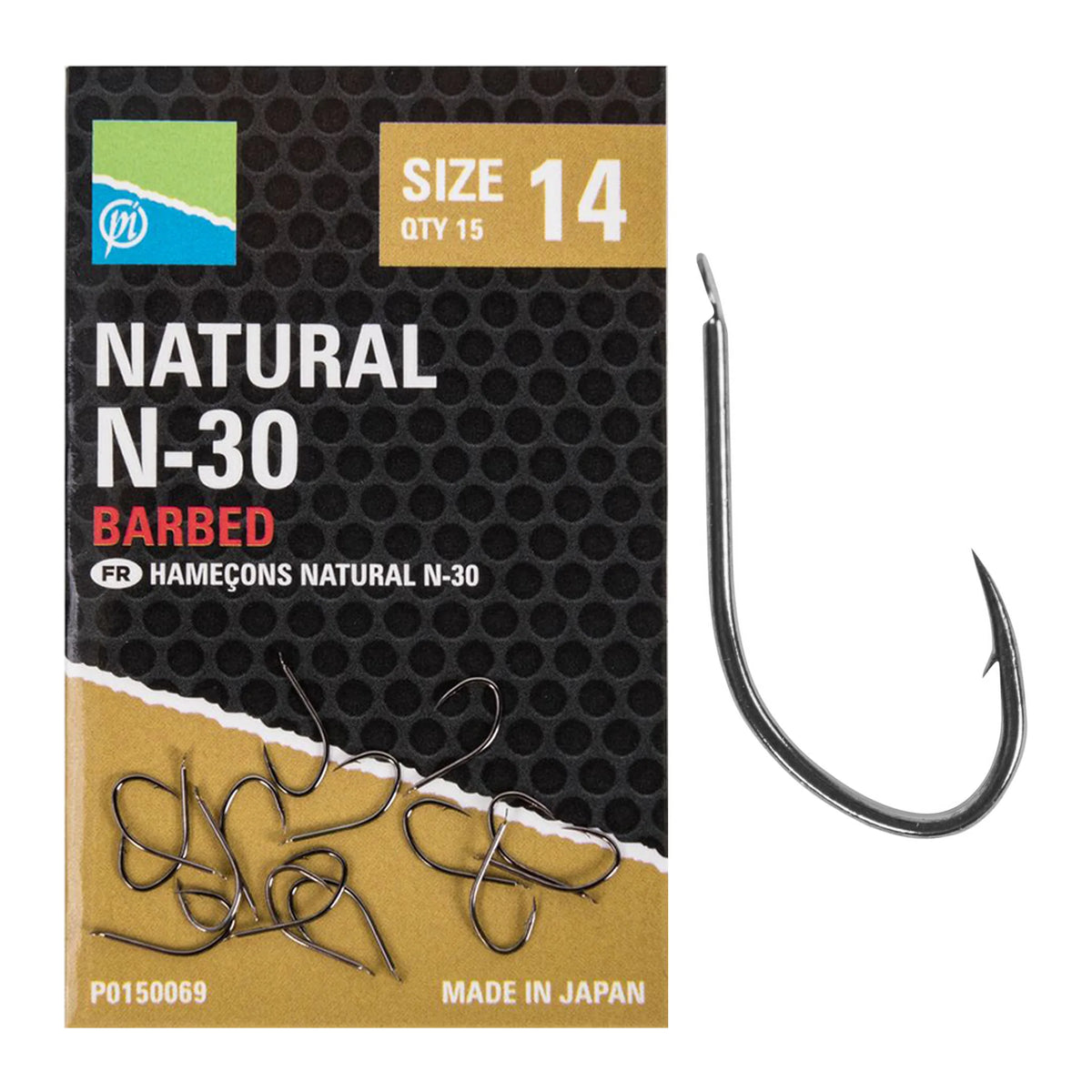 Preston Natural N-30 Barbed haak maat 14 – verpakking en losse haak