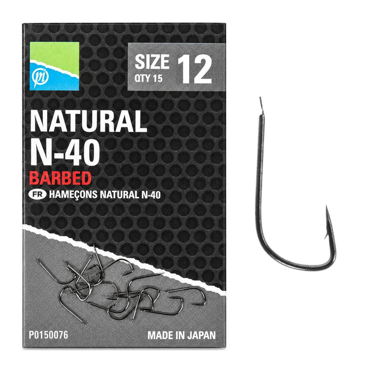 Preston Natural N-40 Barbed haak met bled en weerhaak, maat 12, verpakking van 15; rechte haak naast verpakking