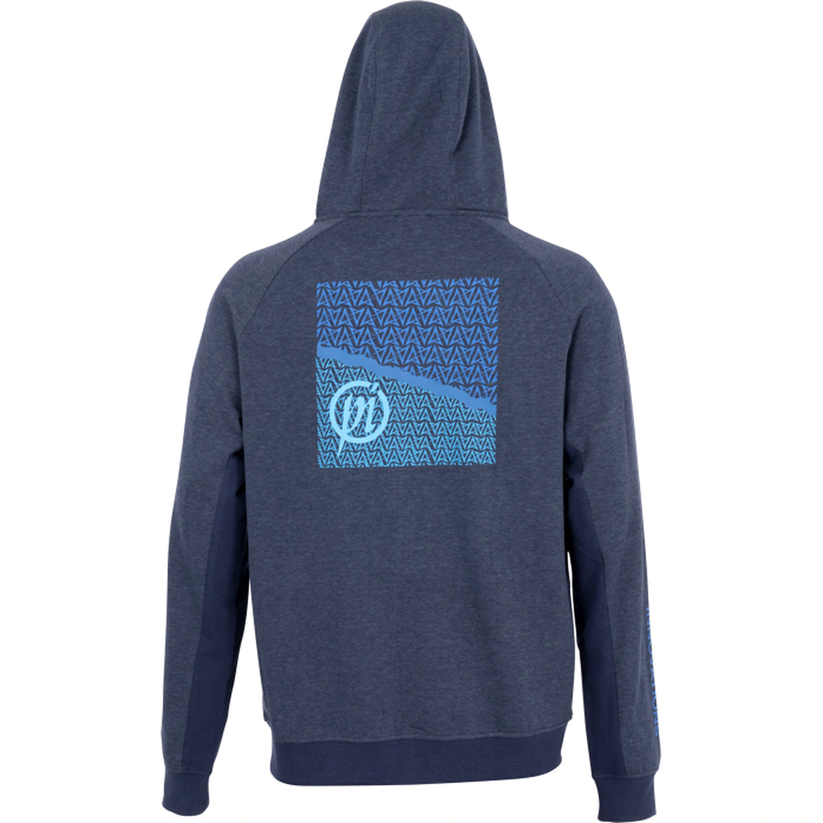 Preston Navy Tide Zip Hoodie – achteraanzicht met capuchon en blauwe geometrische rugopdruk