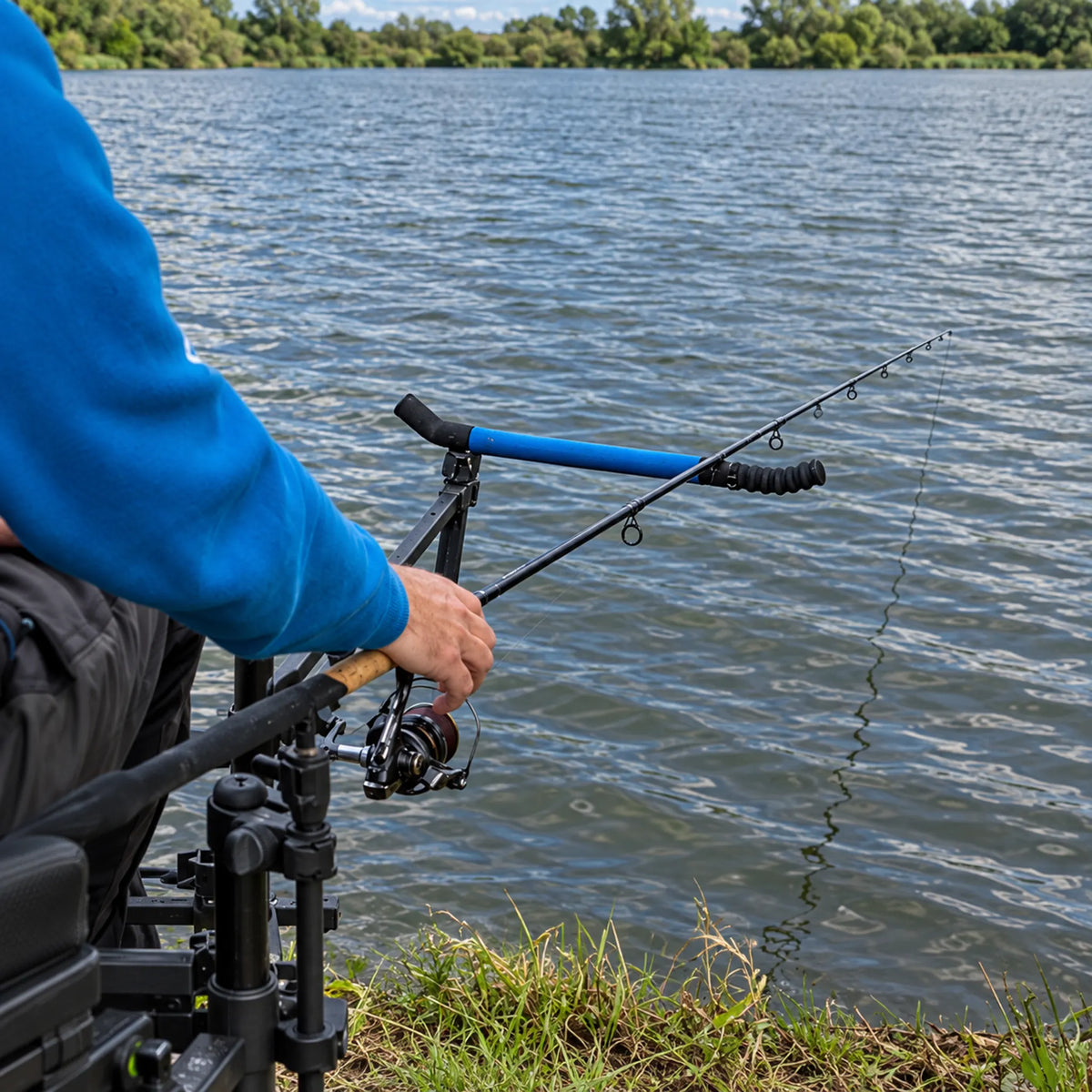 Preston Offbox 36 Pro Feeder Arm in gebruik aan het water, visser met hengel op blauwe feedersteun