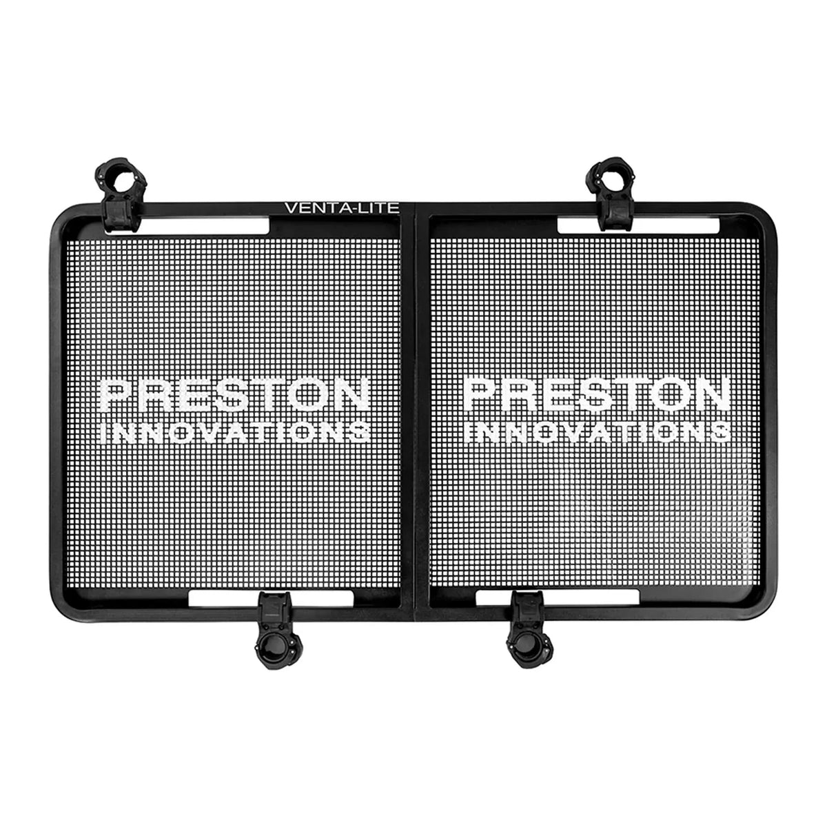 Preston Offbox Venta-Lite Side Tray XL met twee zwarte geperforeerde panelen, witte logo’s en vier ronde bevestigingsklemmen