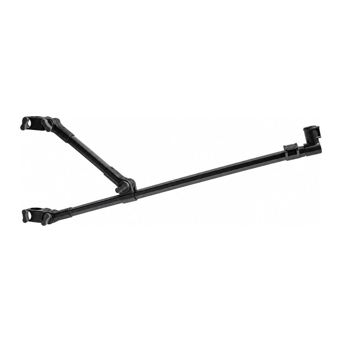 Preston Offbox XS Feeder Arm Long – lange zwarte feederarm met diagonale steun, dubbele pootklemmen en opstaande eindconnector
