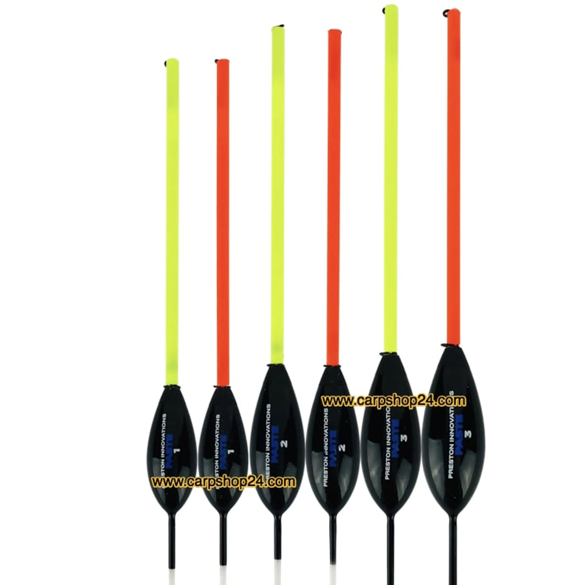 Assortiment Preston Paste Float dobbers met rode en gele holle antennes, modellen 1 tot 3