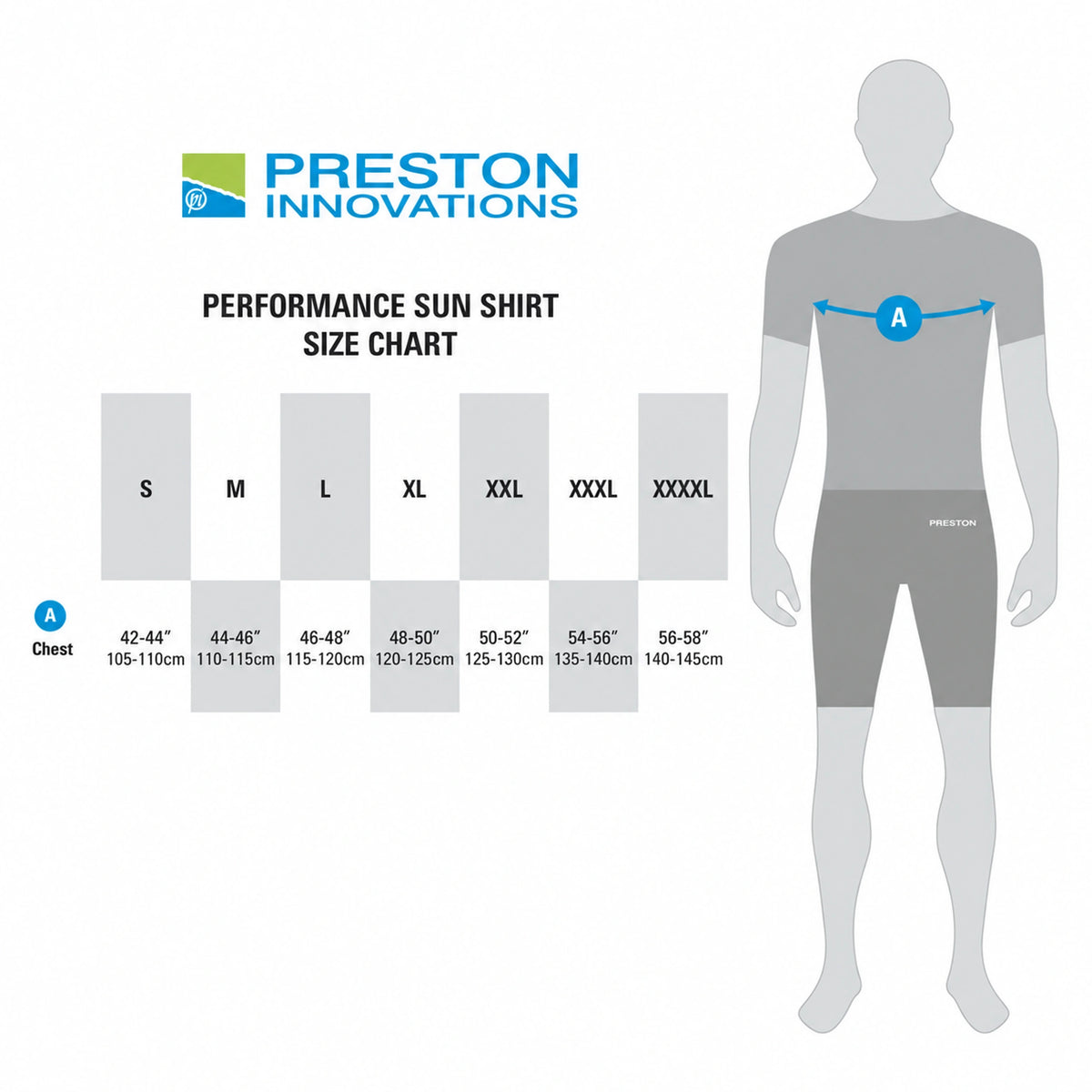 Preston Performance Sun Shirt UPF-35, officiële maattabel met borstomtrek voor S tot XXXXL