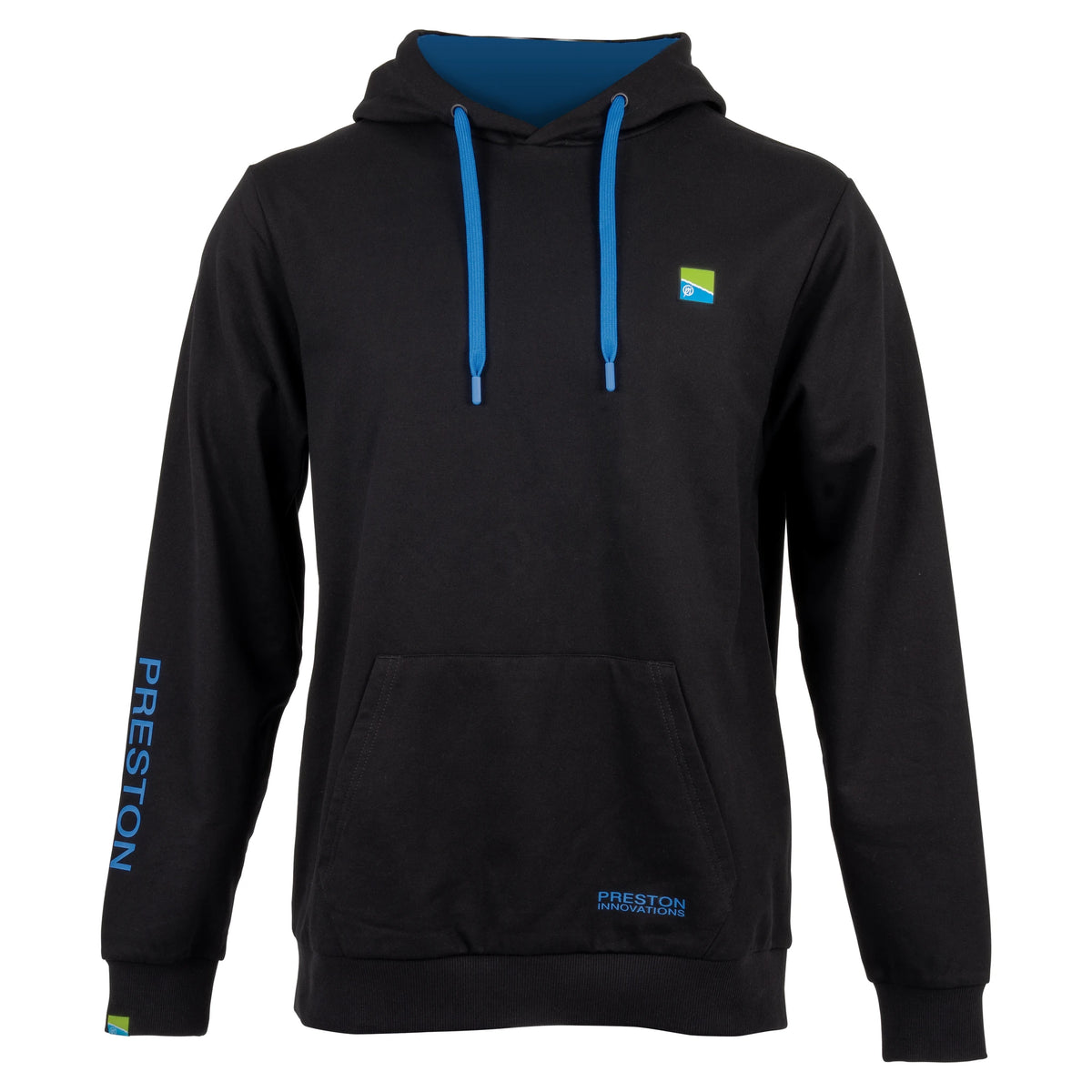 Preston Pro Pullover Hoodie – voorkant met blauwe trekkoorden en Preston-opdruk