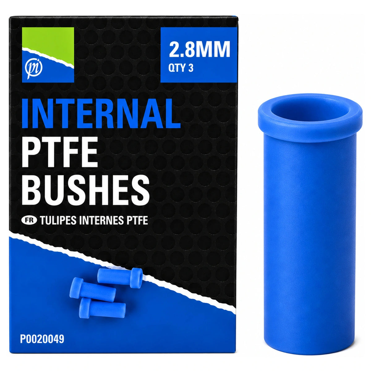 Preston Internal PTFE Bushes 2.8 mm, zwarte verpakking links en vergrote blauwe interne bus rechts