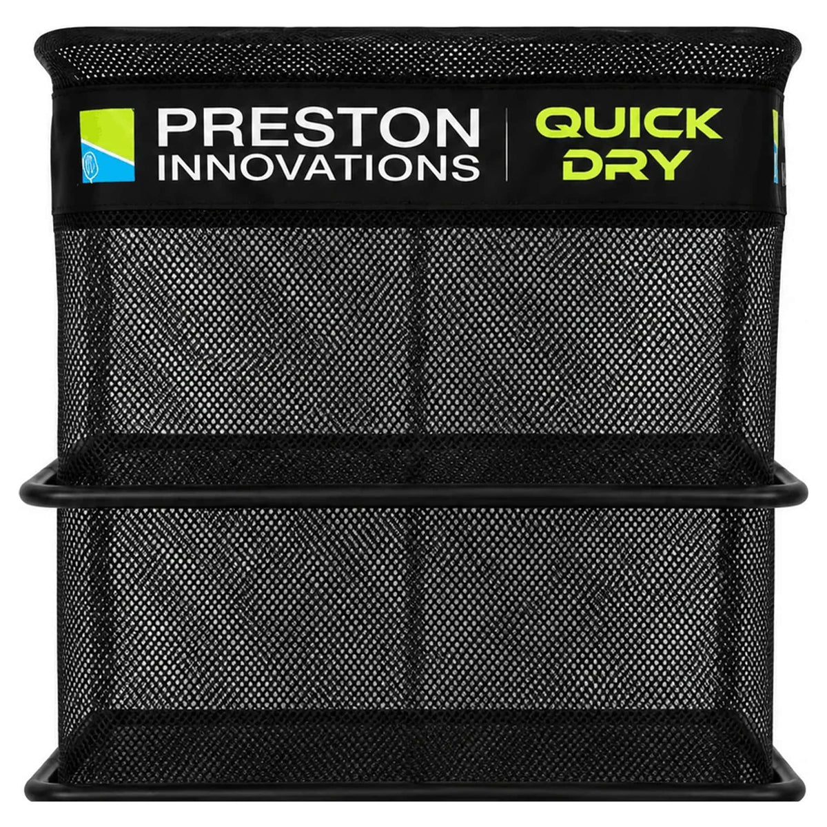 Preston Quick Dry leefnet, detail van zwarte mazen, ringen en merkband