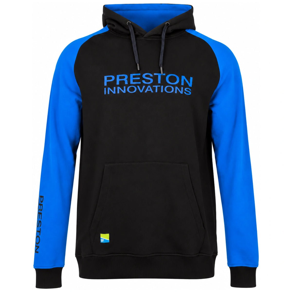 Preston Raglan Pullover Hoodie – zwarte hoodie met blauwe raglanmouwen, blauwe capuchonvoering en Preston Innovations-opdruk