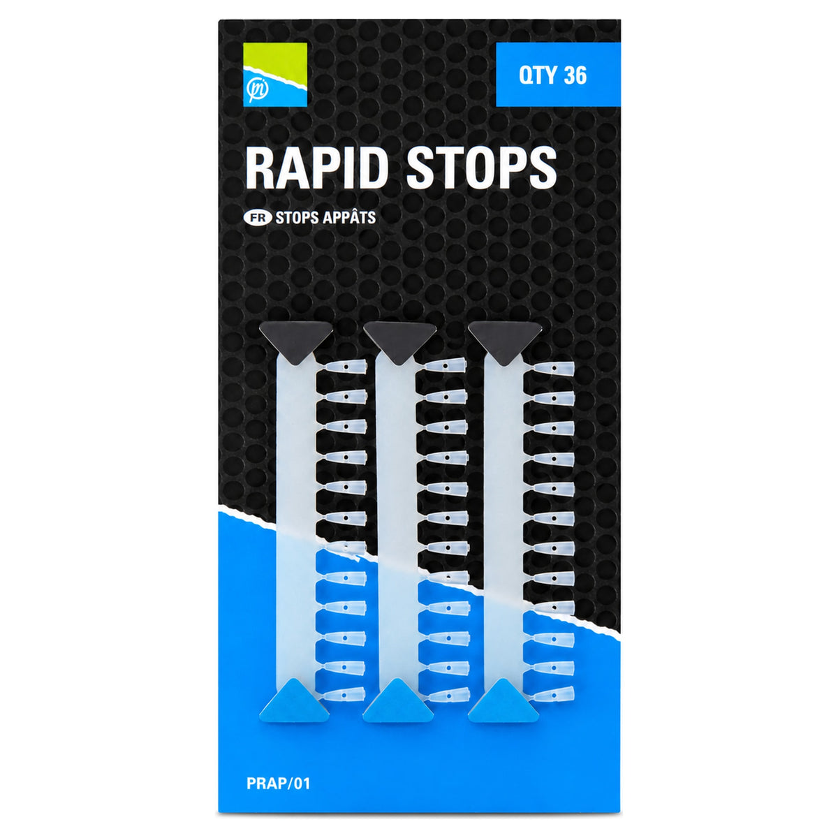 Verpakking Rapid Stops met drie strips transparante aasstoppers