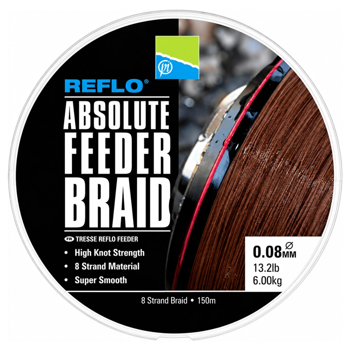 Preston Reflo Absolute Feeder Braid 150 m 0.08 mm, ronde verpakking met bruine gevlochten lijn op het etiket