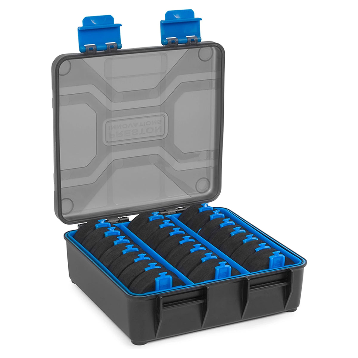 Preston Revalution Storage System P0220025 – geopende opbergdoos met 21 EVA-onderlijnspoelen