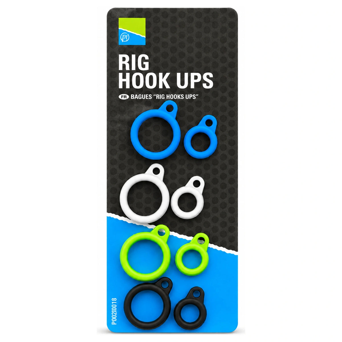 Preston Rig Hook Ups, acht tuighouders in blauw, wit, groen en zwart op verpakking