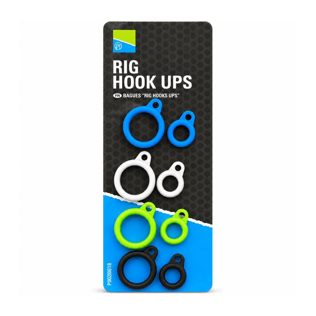 Preston Rig Hook Ups, acht tuighouders in blauw, wit, groen en zwart op verpakking