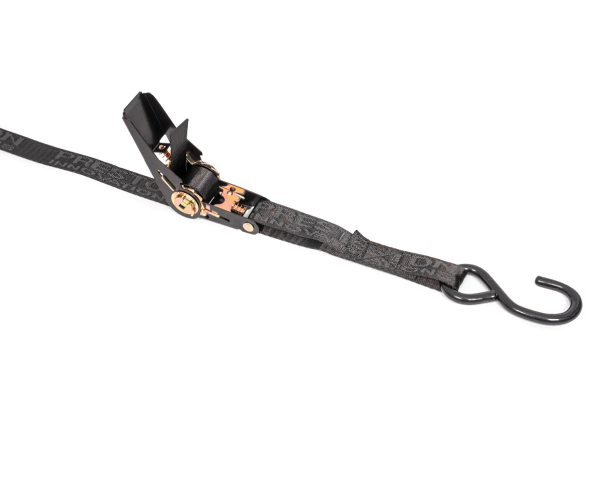 Preston Shuttle Load Strap met geopende ratel en zwarte bevestigingshaak