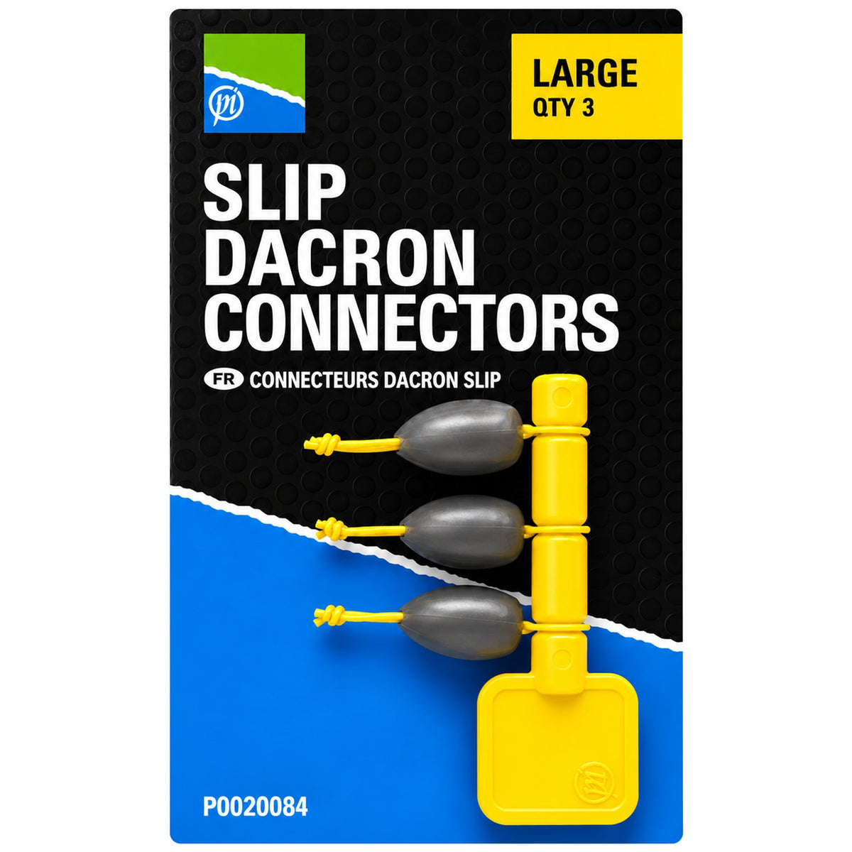 Verpakking Preston Slip Dacron Connectors Large met drie grijze connectoren, gele koorden en een gele houder.