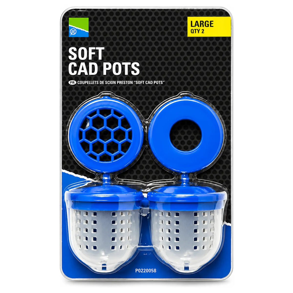 Preston Soft Cad Pots Large, twee witte voerpotten met blauwe deksels in blisterverpakking