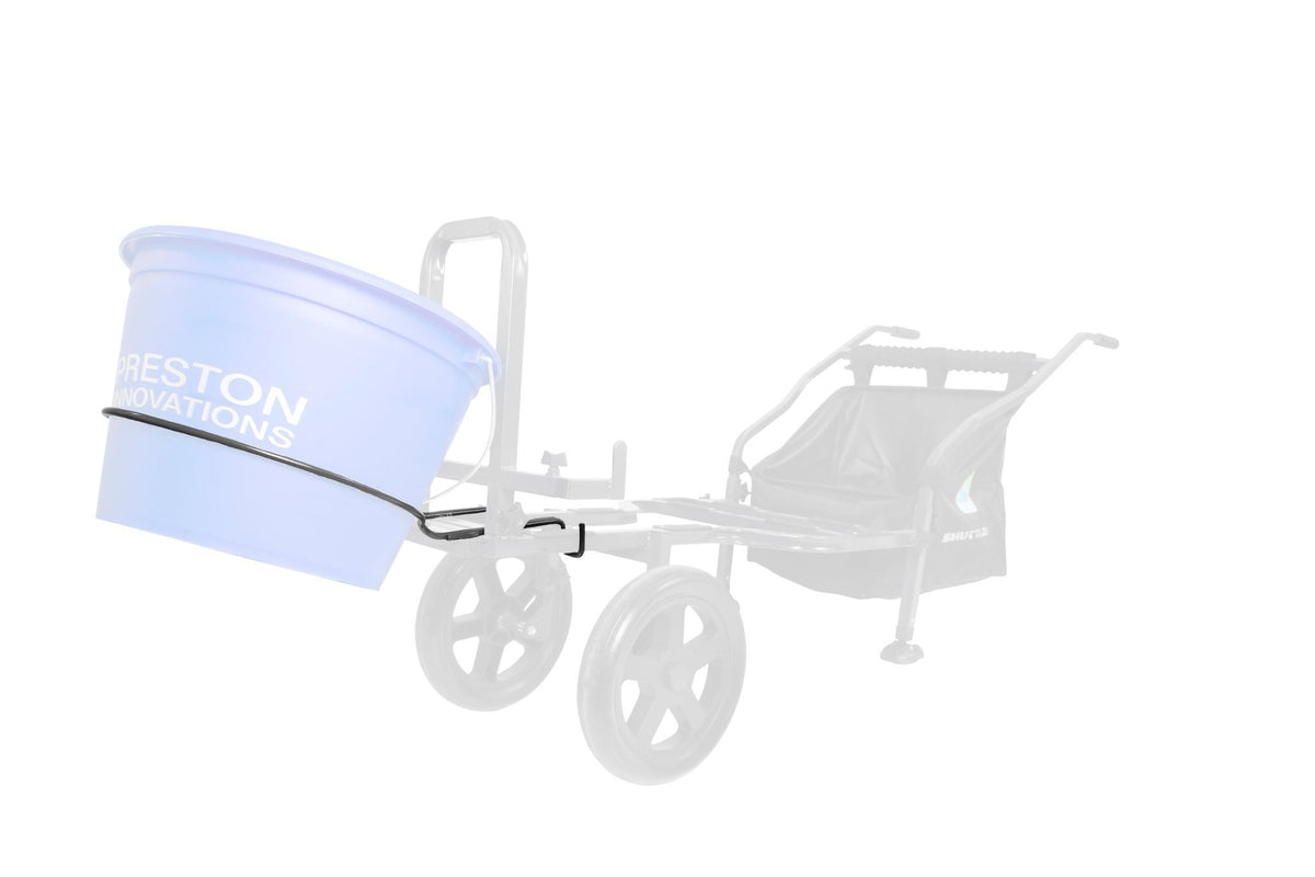 Preston Space Station Groundbait Bucket Hoop – montageoverzicht met emmer vooraan op de vervaagde Shuttle-transportkar