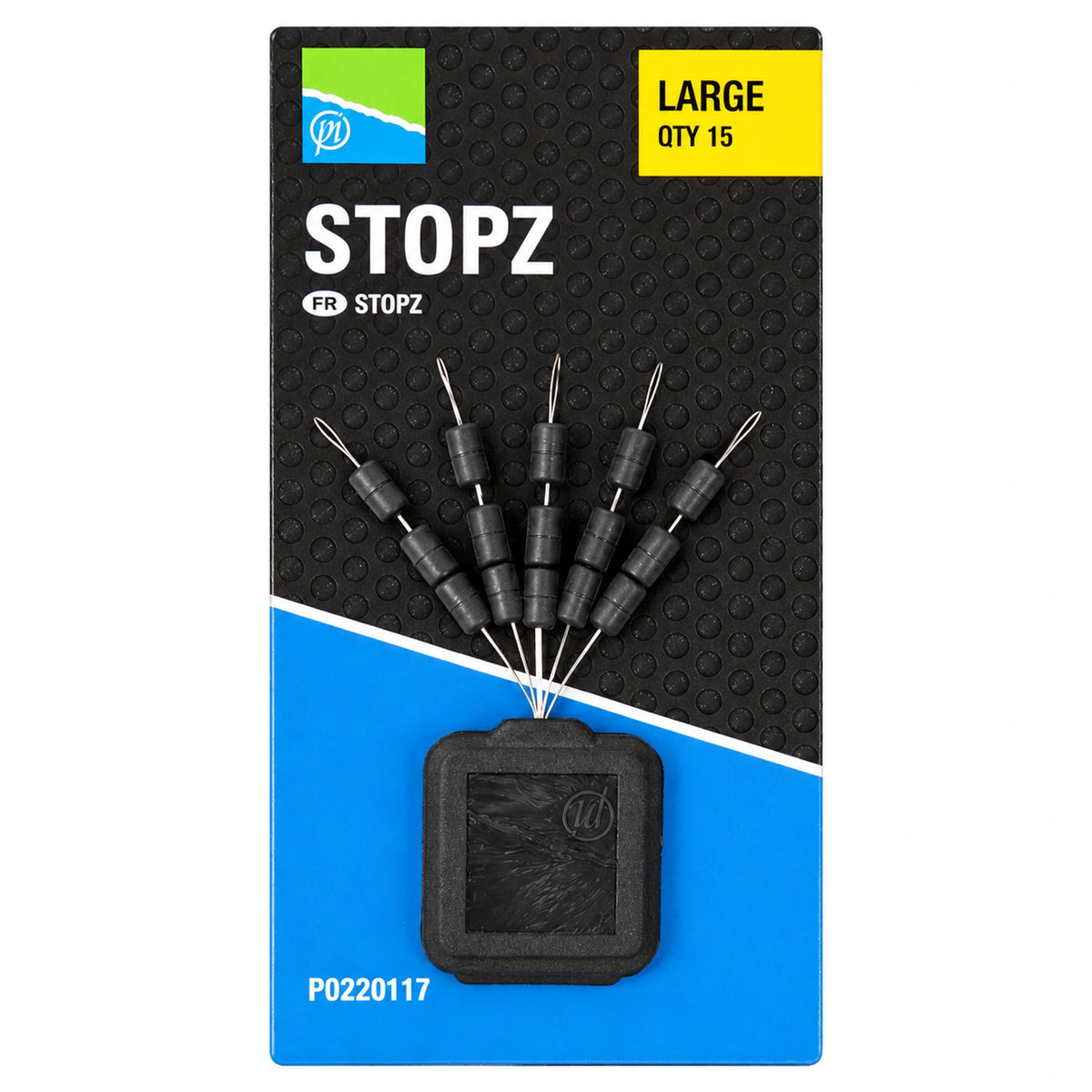 Preston Stopz-verpakking met vijftien zwarte lijnstoppers op vijf draden en een zwarte houder