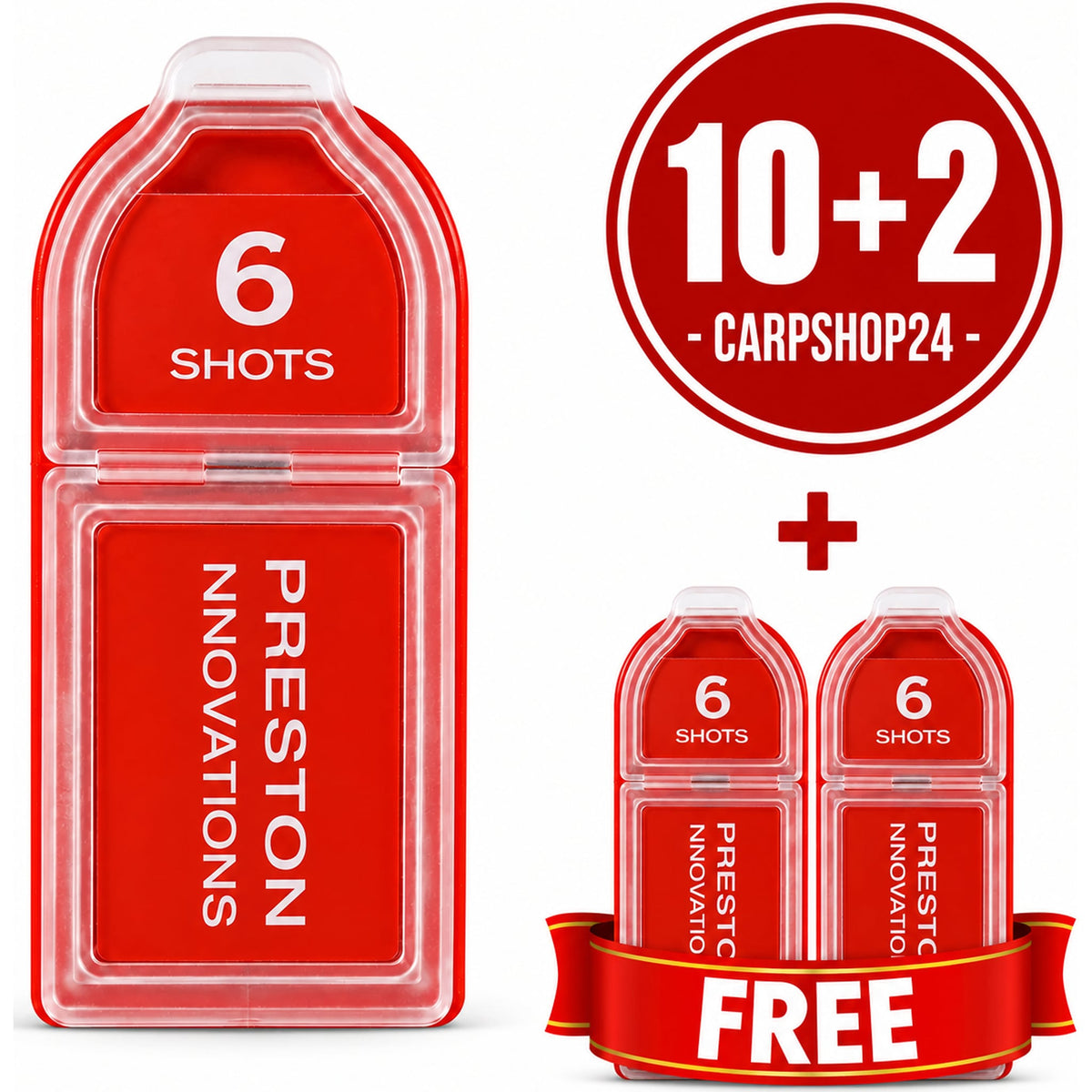 Preston Stotz Refills – drie rode doosjes met 6 SHOTS-opdruk, 10+2-badge en FREE-lint