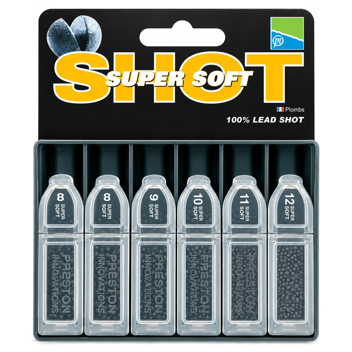 Preston Super Soft Shot-verpakking met zes transparante dispensers met ronde loodjes in een donkergroene houder