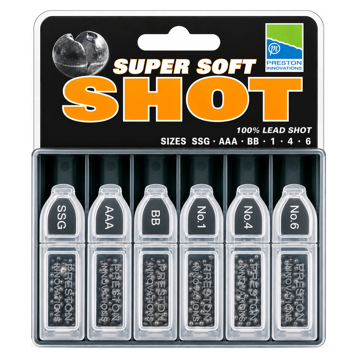 Preston Super Soft Shot Large – zes looddispensers in SSG, AAA, BB, nr. 1, 4 en 6